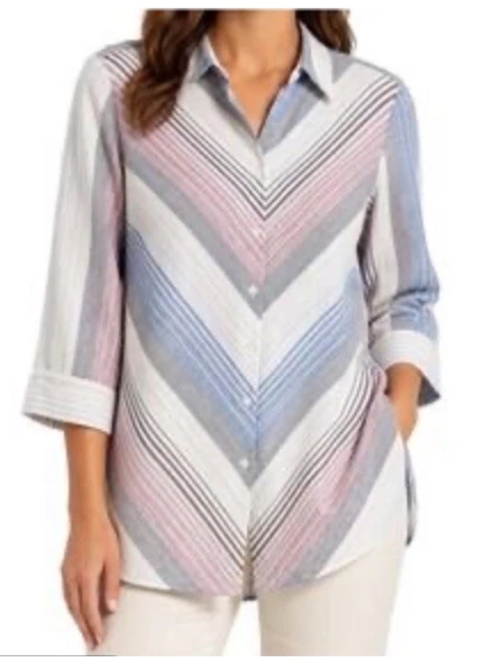 Chicos No Iron 100% Linen Tunic  3/4 Sleeve Striped Button Front Size 2 US 12 14